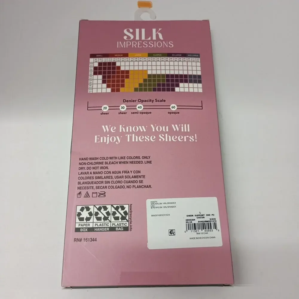Silk Impressions Pantyhose 2-Pack Women's‎ Size L Cocoa 20 Denier High Waisted